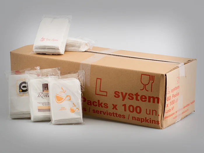 Caixa de guardanapos Tipo L CIE em packs de 100 unidades, com packs abertos à frente