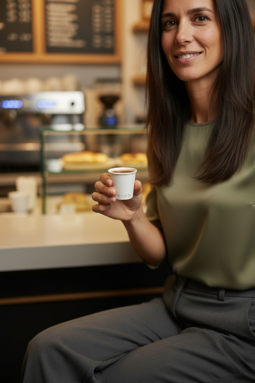 Mulher numa pausa de café a segurar um copo de café de papel de 90ml