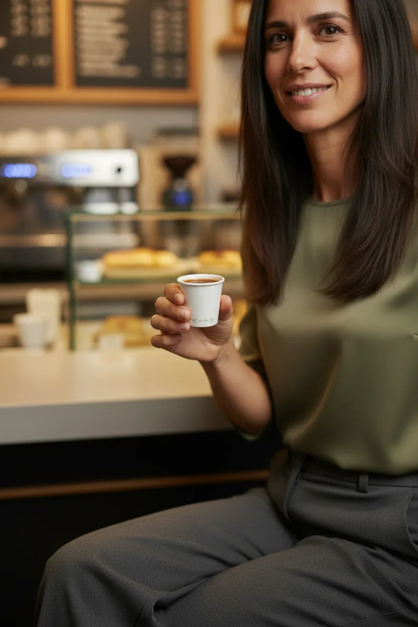 Mulher numa pausa de café a segurar um copo de café de papel de 90ml