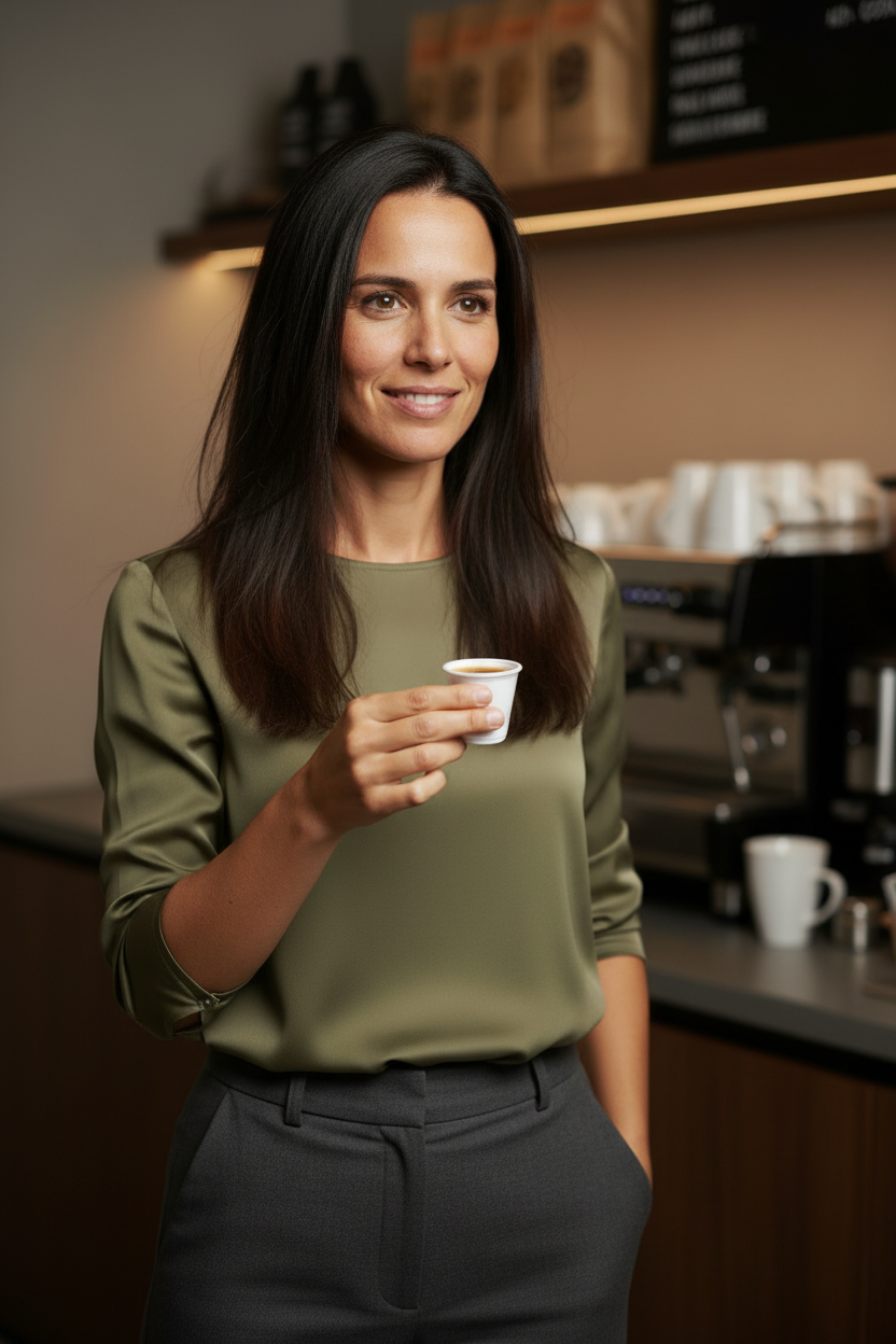 Mulher numa pausa a segurar um copo de café de plástico de 80ml com expresso
