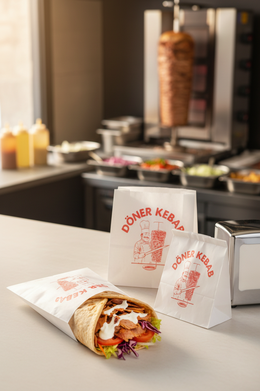 Mãos a servir um döner kebab num saco de papel no balcão de uma roulote