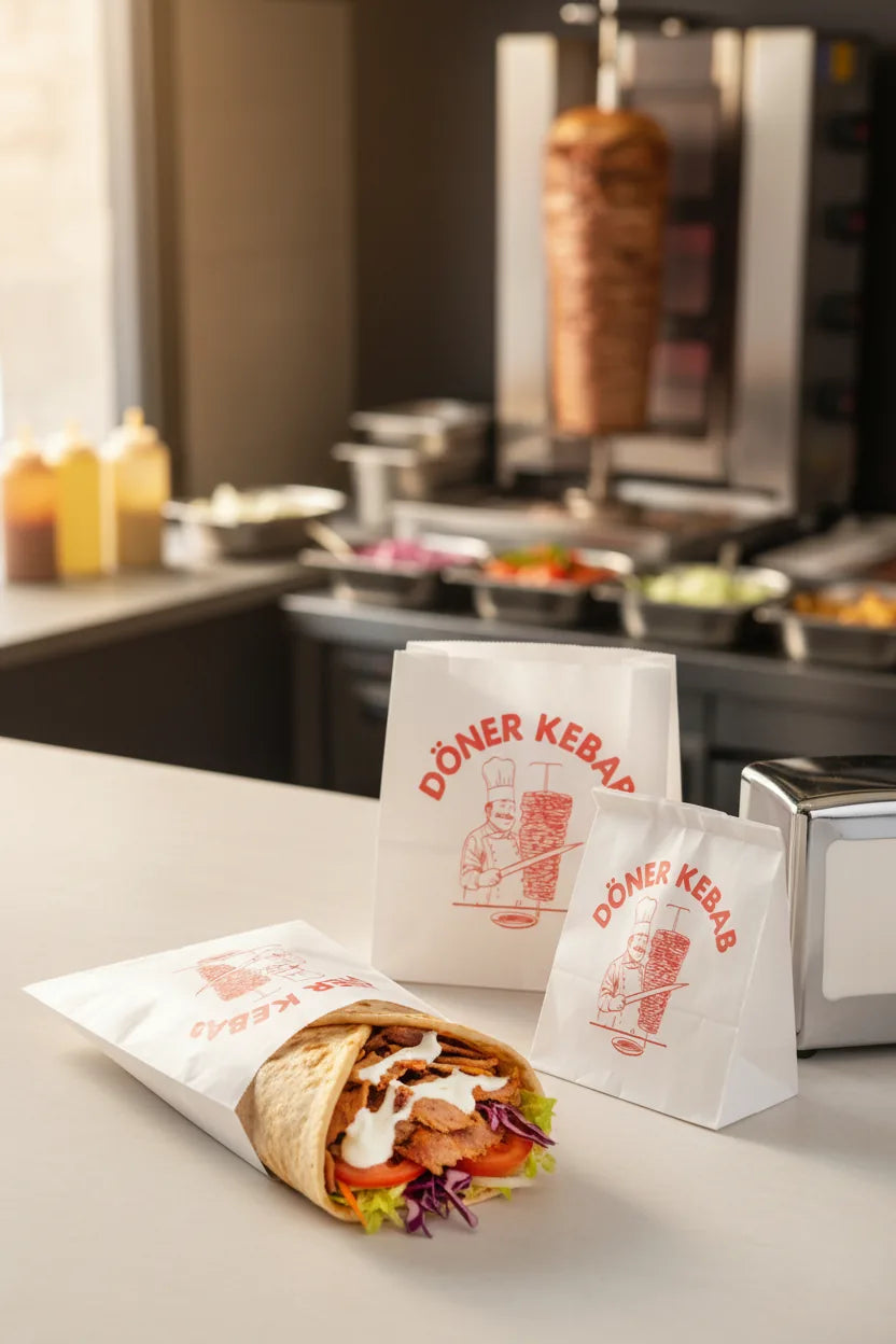 Mãos a servir um döner kebab num saco de papel no balcão de uma roulote