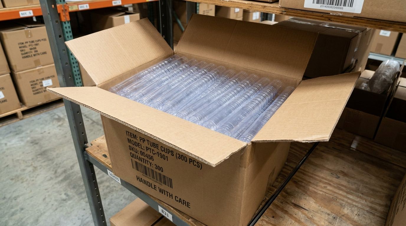 Caixa com 840 Copos Tubo PP 200ml para eventos e catering — RAS Embalagens