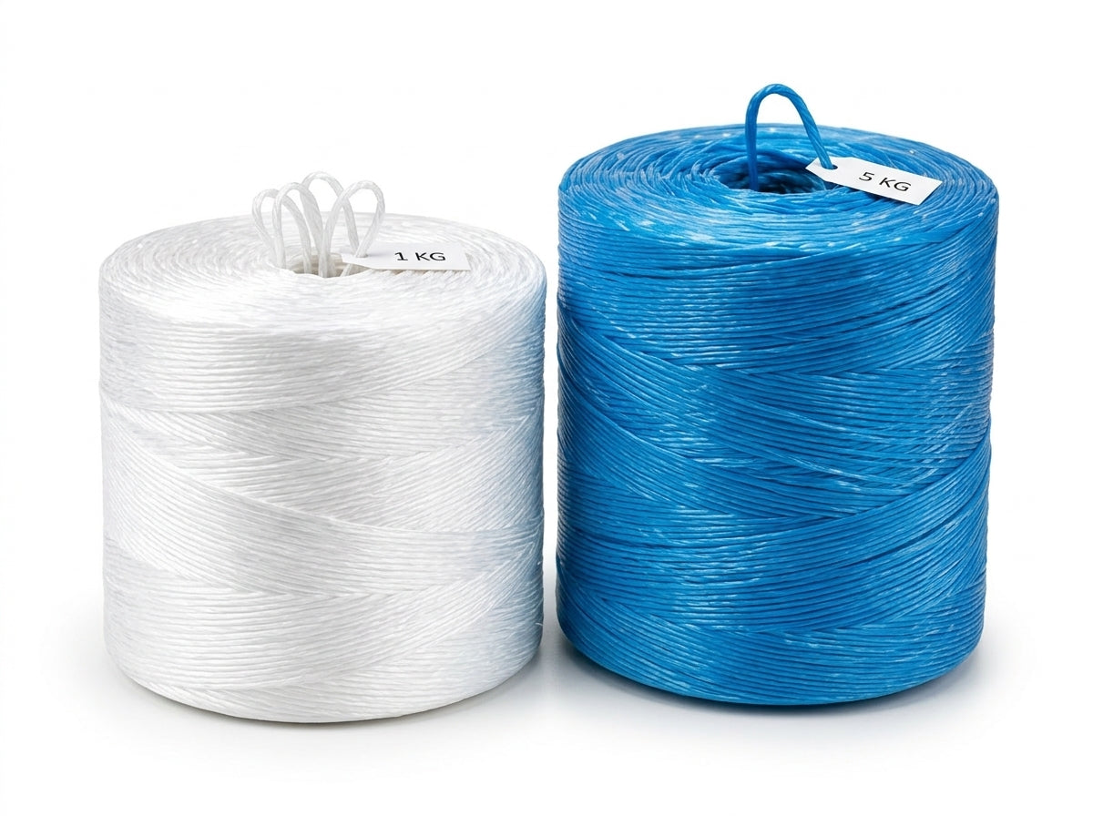 Dois rolos de cordel em polietileno branco 1 kg e azul 5 kg sobre fundo branco – RAS Embalagens