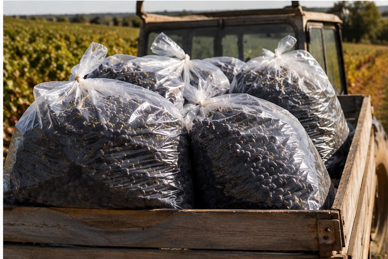 Sacos para vindima cheios de uva carregados em atrelado agrícola para transporte até à adega — RAS Embalagens