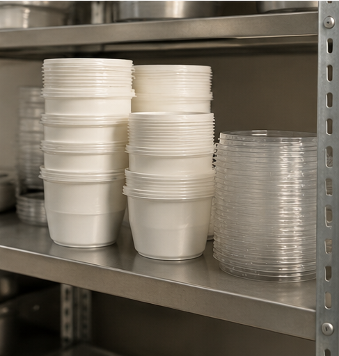 Taças plásticas brancas 200ml empilhadas em prateleira de armazenamento em cozinha profissional — RAS Embalagens