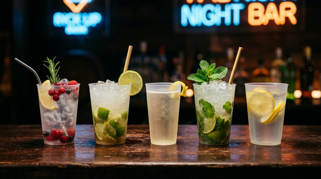 Balcão de bar com copos descartáveis de gin, caipirinha e espumante — guia de escolha RAS Embalagens
