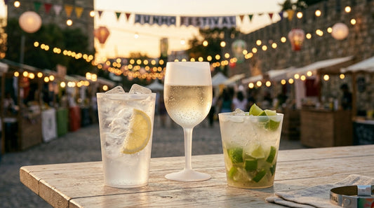Mesa de bar decorada para evento com copos descartáveis de gin, flute e caipirinha — PACK FESTA RAS Embalagens