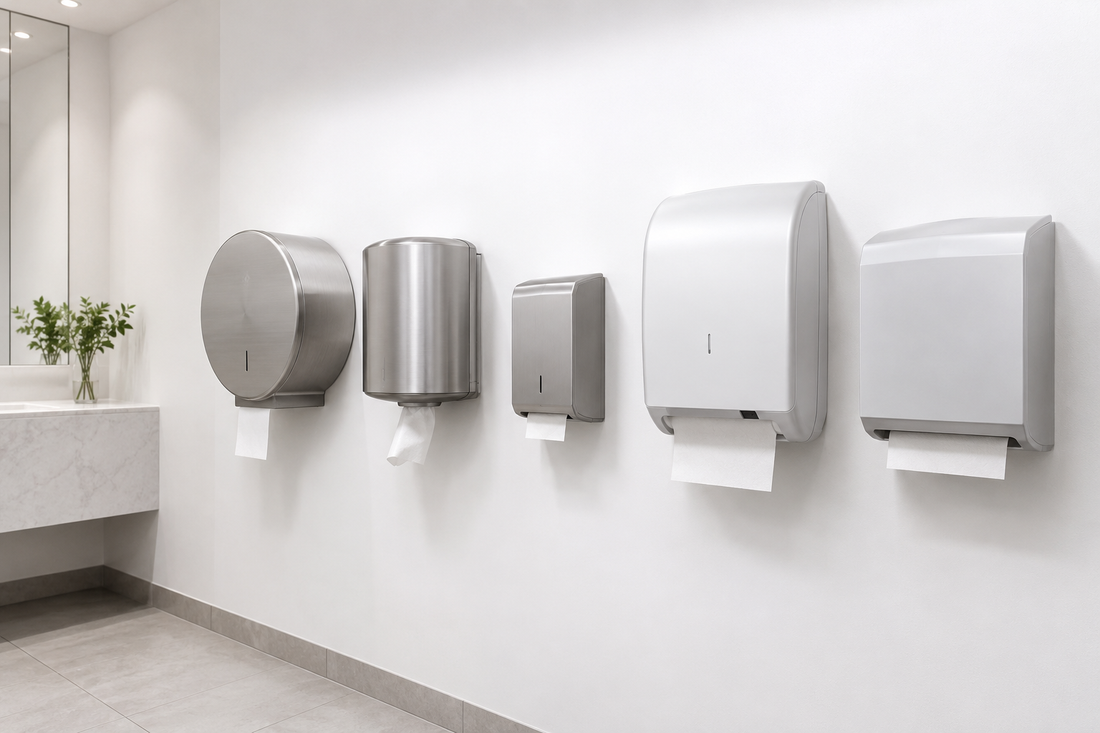 Dispensadores profissionais de papel higiénico e toalhas para casas de banho de hotéis, restaurantes e espaços comerciais, montados numa parede branca moderna e higiénica.