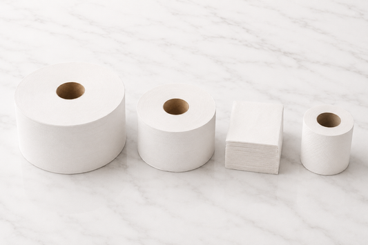 Diferentes formatos de papel higiénico profissional para hotéis, restaurantes, escritórios e espaços comerciais, incluindo rolos jumbo, papel interfolhado e rolo compacto, apresentados em ambiente limpo e higiénico.