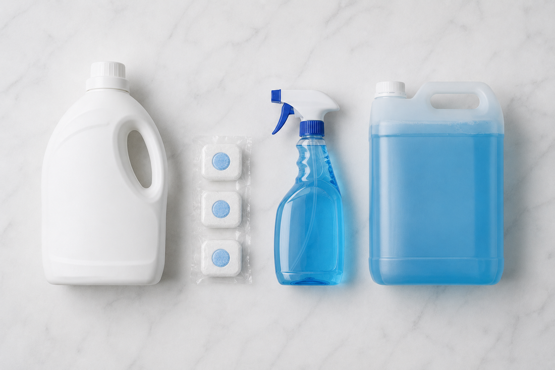 Produtos de limpeza profissional para hotéis, restaurantes, escritórios e espaços comerciais, incluindo detergente líquido, pastilhas para máquina de lavar louça, limpa-vidros em spray e concentrado para limpeza de superfícies envidraçadas.