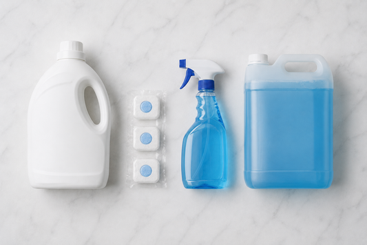 Produtos de limpeza profissional para hotéis, restaurantes, escritórios e espaços comerciais, incluindo detergente líquido, pastilhas para máquina de lavar louça, limpa-vidros em spray e concentrado para limpeza de superfícies envidraçadas.