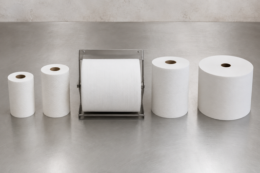 Comparação de rolos de papel de cozinha, papel multiusos e papel industrial profissional para restaurantes, hotéis, cafés e cozinhas profissionais.