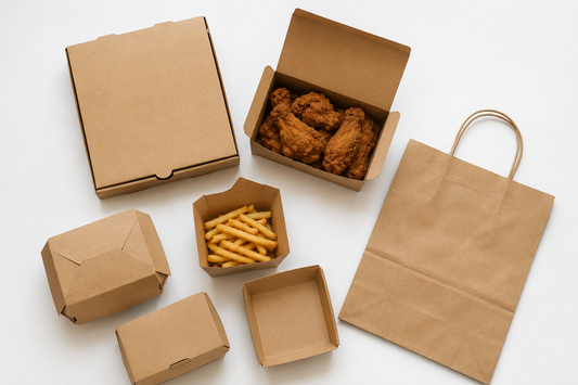 Embalagens takeaway em papel kraft reciclável, incluindo caixas para pizza, frango e batatas fritas, com saco de papel kraft para transporte alimentar.