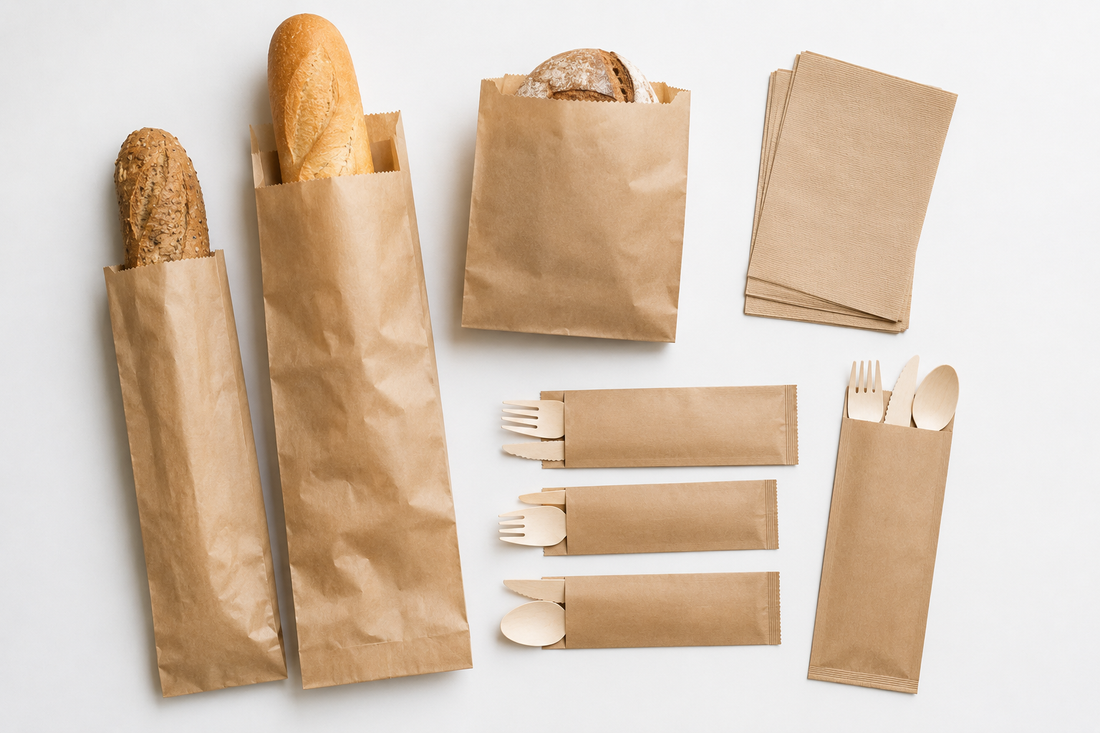 Sacos de papel kraft para baguetes, pão e produtos de padaria, acompanhados por saquetas de talheres descartáveis ecológicos. Embalagens recicláveis para takeaway, restauração, cafetarias e negócios alimentares.