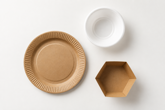 Pratos e embalagens descartáveis para takeaway em papel kraft e plástico alimentar, incluindo prato de papel, taça para sopa e caixa hexagonal para snacks, ideais para restauração, street food e eventos.
