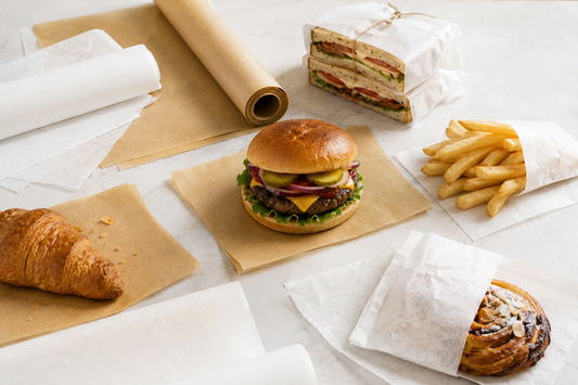 Soluções de embalagem alimentar para restauração e takeaway com papel vegetal, papel anti-gordura e papel para charcutaria, aplicados em hambúrgueres, fritos, pastelaria e sanduíches para transporte e apresentação de alimentos.