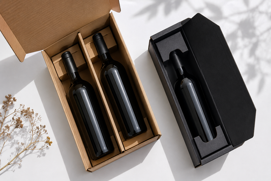 Caixas para garrafas em papel kraft para 2 garrafas com divisória e caixa preta para 1 garrafa — embalagens de oferta e take away RAS Embalagens