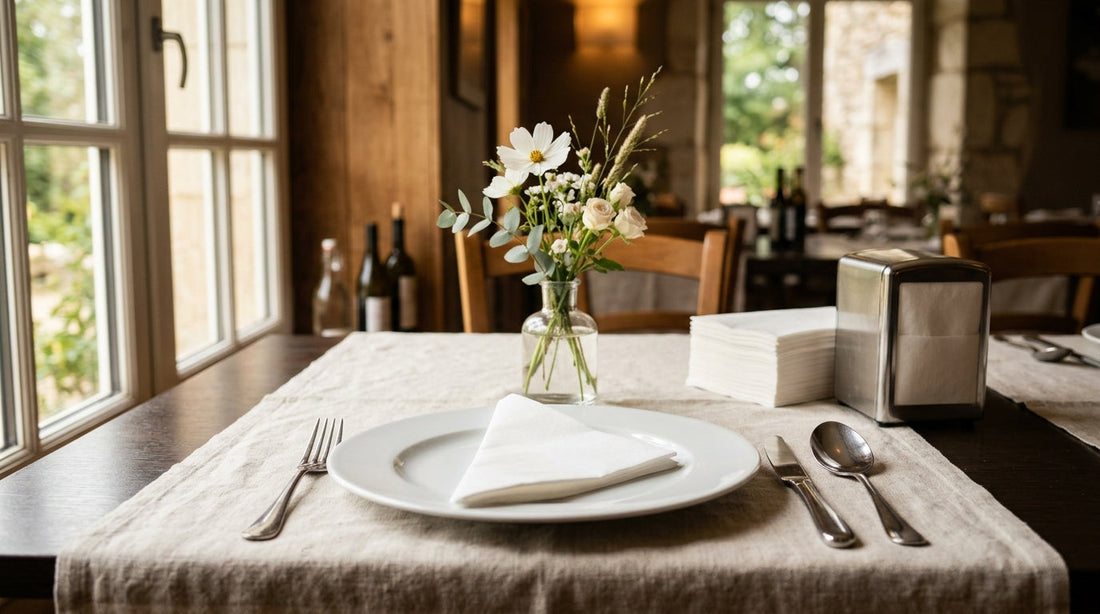 Mesa de restaurante elegante preparada para serviço com guardanapos dobrados — guia de stock para horeca RAS Embalagens