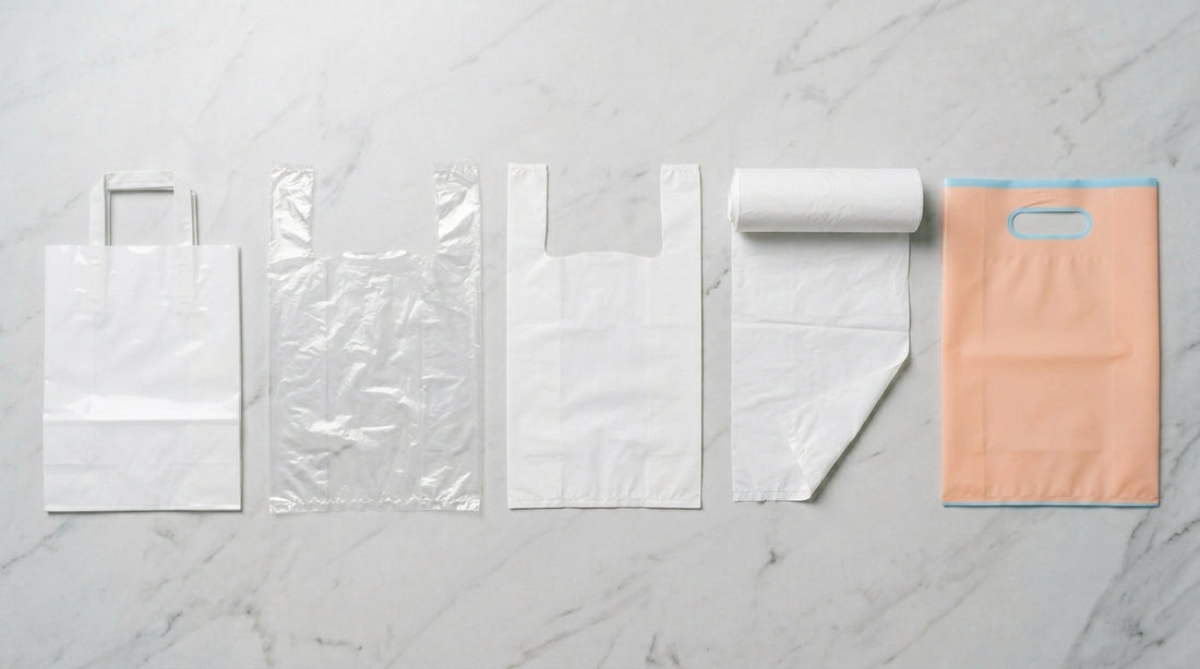 Sacos de alça plásticos brancos e coloridos para comércio retalhista dispostos sobre superfícies - RAS Embalagens