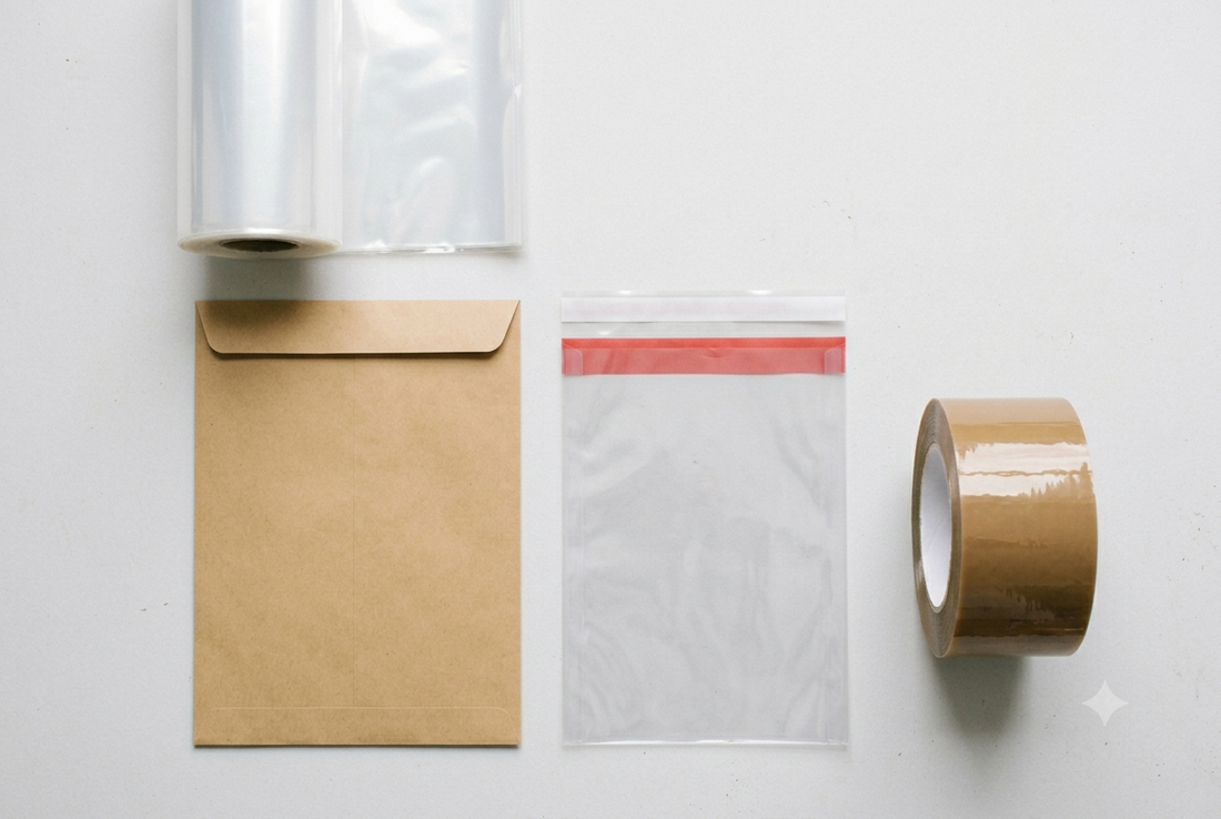 Sacos OPP transparentes, saco-envelope co-extrudido, porta-documentos adesivo com faixa vermelha e rolo de fita adesiva para expedição de encomendas