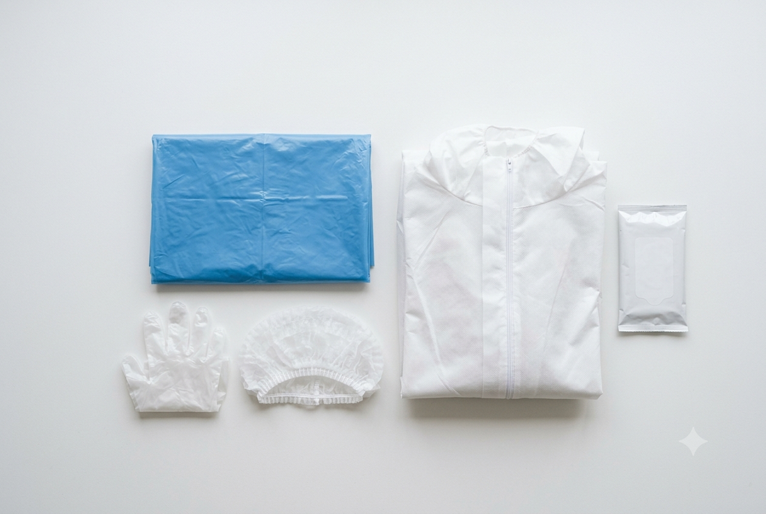 Equipamentos de proteção individual descartáveis para restauração — bata azul, avental transparente PEBD, luvas de polietileno, penteadores e toalhitas de uso único