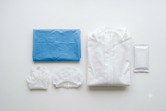 Equipamentos de proteção individual descartáveis para restauração — bata azul, avental transparente PEBD, luvas de polietileno, penteadores e toalhitas de uso único
