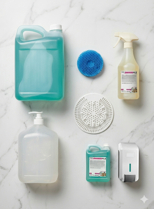 Embalagens e produtos de limpeza profissional: gel desinfetante para mãos Dutex, doseador de sabão e acessórios de casa de banho. RAS Embalagens.