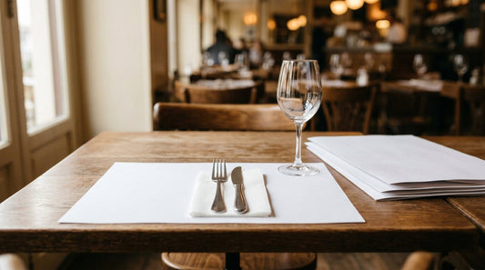Mesa de restaurante com individual de papel descartável e talheres em ambiente de restauração profissional - RAS Embalagens 