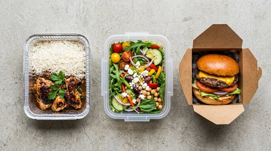 Embalagens de take away em alumínio, plástico e papel kraft lado a lado — comparação de materiais RAS Embalagens