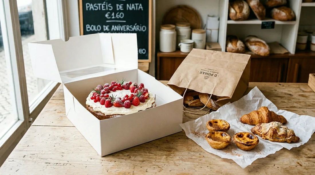 Bolo de aniversário numa caixa de pastelaria branca, com pastéis de nata e saco de papel numa padaria