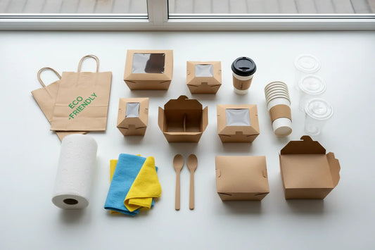 Embalagens descartáveis para HoReCa: sacos e caixas kraft, copos, talheres de madeira, rolo de papel e panos
