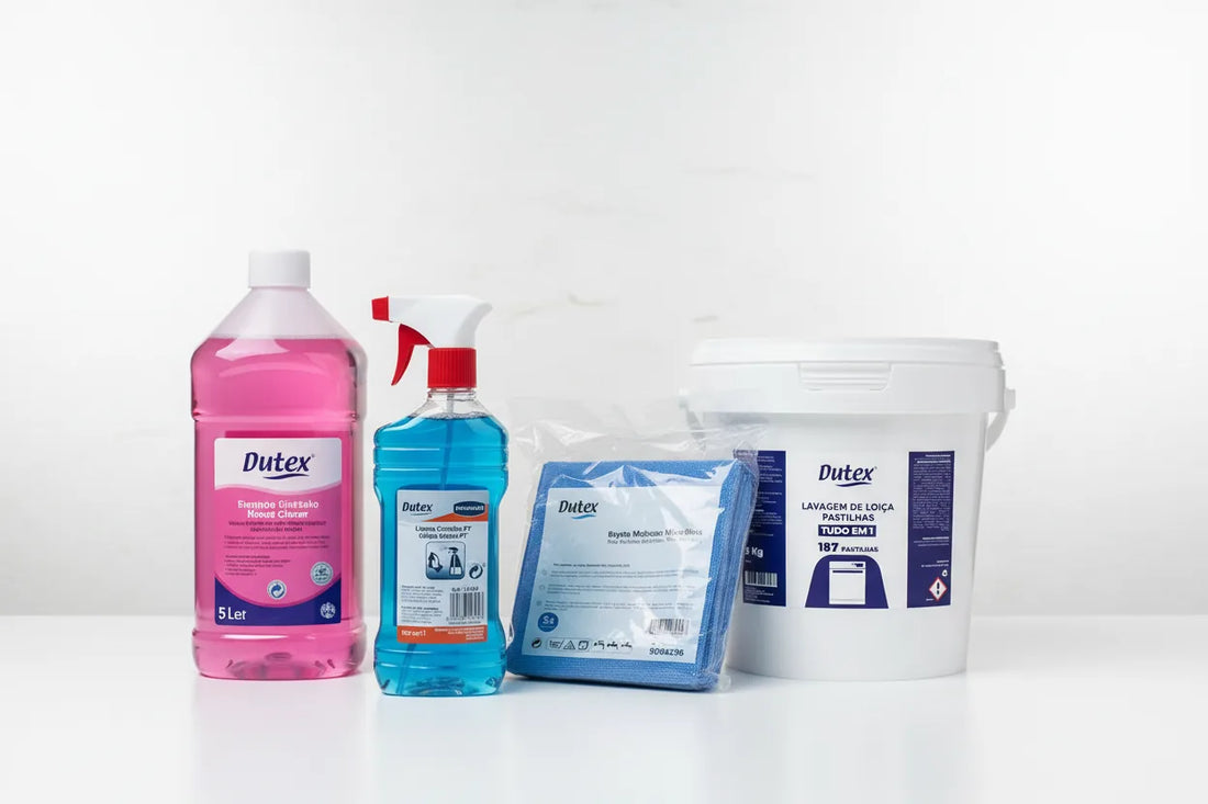 Gama de produtos de limpeza profissional Dutex disponíveis na RAS Embalagens - pastilhas máquina louça, limpa vidros, pano microfibras e sabonete líquido