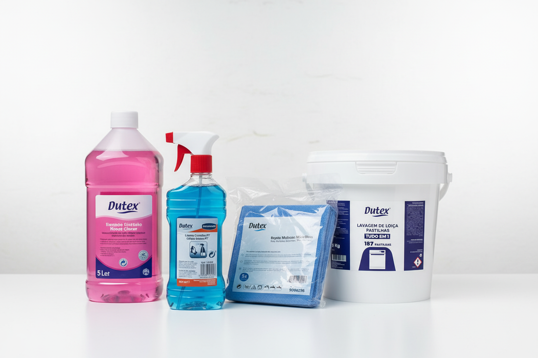 Gama de produtos de limpeza profissional Dutex disponíveis na RAS Embalagens - pastilhas máquina louça, limpa vidros, pano microfibras e sabonete líquido