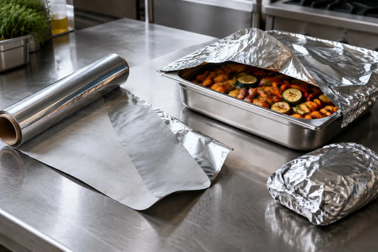 Rolo de papel de alumínio desenrolado numa bancada de inox, com o lado brilhante e o lado fosco à vista, folha a cobrir tabuleiro GN com legumes assados e papelote selado ao lado, em cozinha profissional