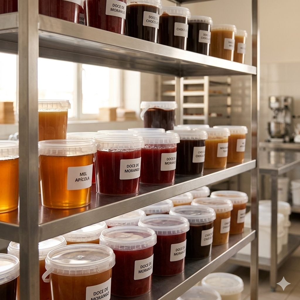 Baldes plásticos transparentes 1L selados e organizados em prateleira — armazenamento de produtos alimentares em laboratório ou armazém