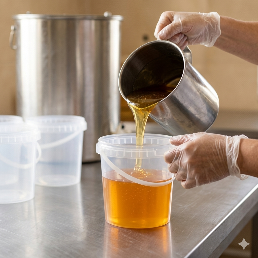 Caixa de 200 unidades de baldes plásticos transparentes 1L — stock para produção contínua em armazém ou laboratório