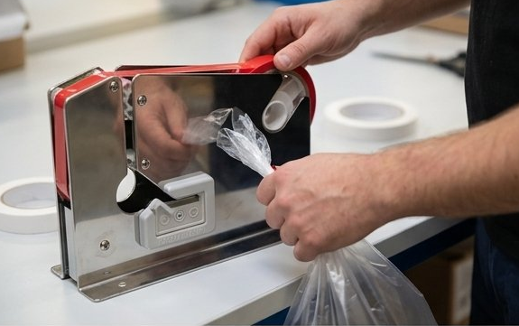 Máquina para fechar sacos em inox com corte integrado em uso numa padaria — RAS Embalagens