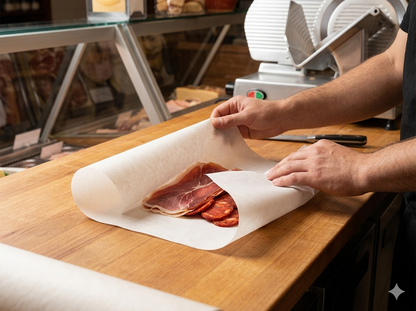 Rolo de papel para charcutaria em pasta pura sem cloro — embalamento e apresentação de enchidos e queijos em talho ou restaurante