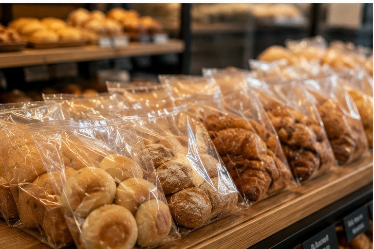 Sacos microperfurados de polipropileno com croissants e bolos em expositor de padaria — embalagem profissional para pastelaria