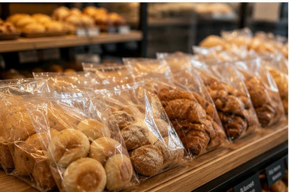 Sacos microperfurados de polipropileno com croissants e bolos em expositor de padaria — embalagem profissional para pastelaria