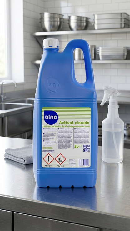 Garrafão Actival Clorado 5L numa bancada de cozinha profissional — RAS Embalagens