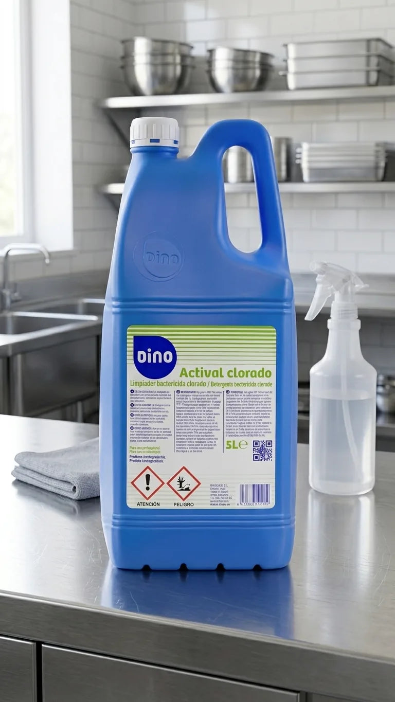 Garrafão Actival Clorado 5L numa bancada de cozinha profissional — RAS Embalagens
