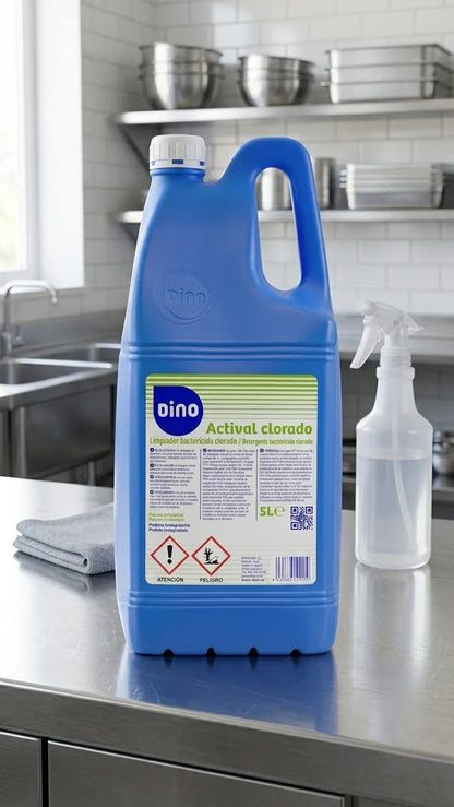 Garrafão Actival Clorado 5L numa bancada de cozinha profissional — RAS Embalagens