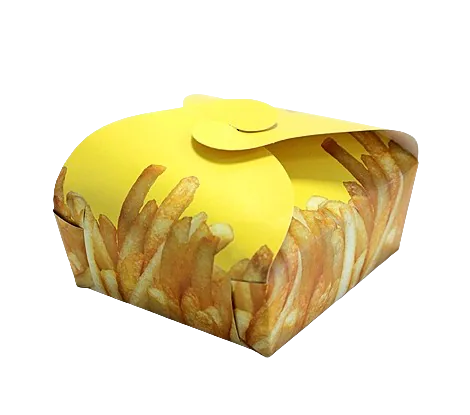 Caixa para batata frita amarela com impressão de batatas, fechada