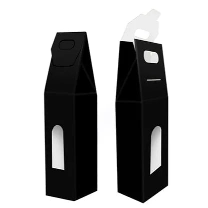 Vista da caixa de cartão para garrafa de vinho nas posições fechada e aberta, evidenciando o sistema de montagem e o design premium.