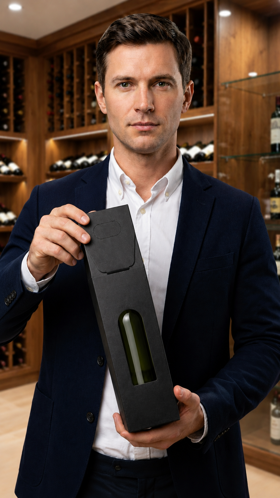 Homem a apresentar uma caixa de cartão preta premium para garrafa de vinho com janela frontal, ideal para oferta, adegas, garrafeiras e lojas de vinho.