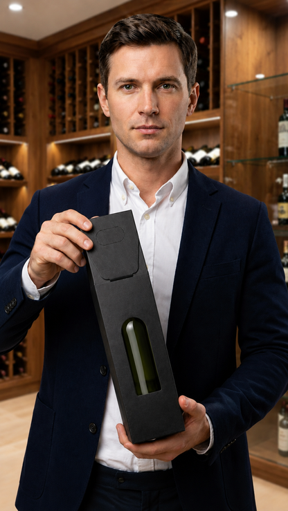 Homem a apresentar uma caixa de cartão preta premium para garrafa de vinho com janela frontal, ideal para oferta, adegas, garrafeiras e lojas de vinho.