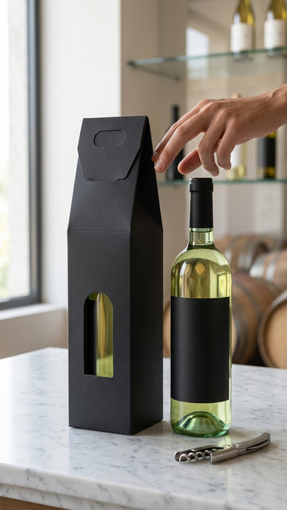 Caixa de cartão preta para garrafa de vinho parcialmente aberta com garrafa no interior, mostrando o sistema de fecho e a embalagem pronta para utilização.