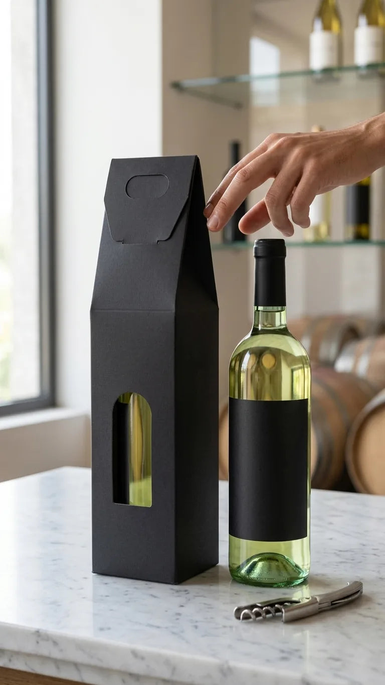 Caixa de cartão preta para garrafa de vinho parcialmente aberta com garrafa no interior, mostrando o sistema de fecho e a embalagem pronta para utilização.
